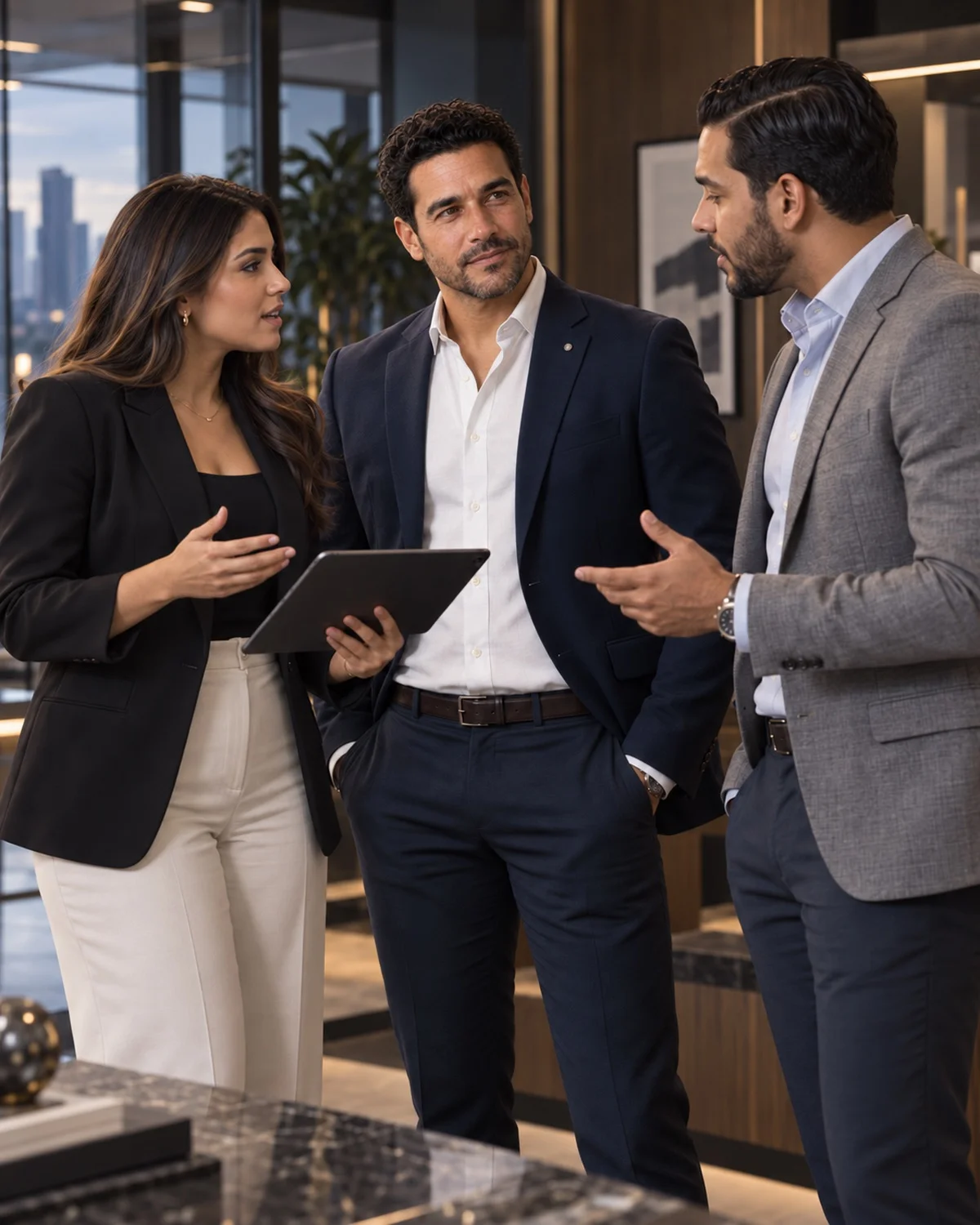 Profesionales dominicanos conversando sobre un proyecto de negocio